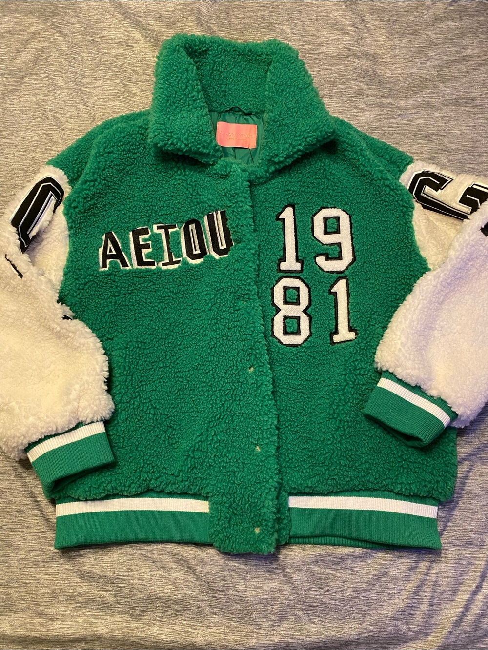Azalea Wang - Letterman Bomber Varsity Jacket Coat Sz S Green & White Fleece NWT